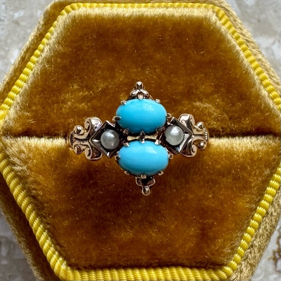 Vintage Toi et Moi Turquoise & Seed Pearl Yellow Gold Ring - Picture 1 of 11